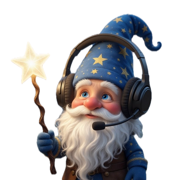 The Camp Wiz, a friendly wizard wearing a phone headset